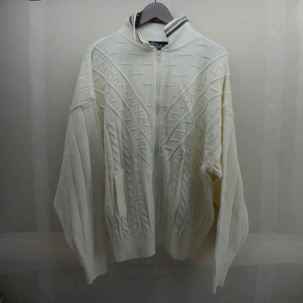 Blair Mens 3XL Full Zip Cable Knit Sweater Natural Cream Mock Neck Vintage 2173